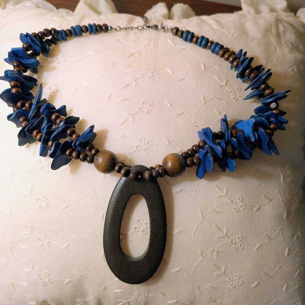 Chico's Statement Necklace with Blue Wood Chips and Oval Pendant